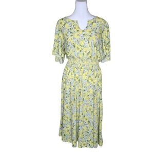 ModCloth Floral Short Sleeve Smocked ALine Fit Flare Dress Womens XL Yellow Dais
